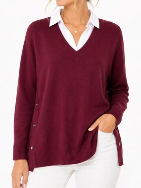 DENIM & CO Collared Two-fer Burgundy V-Neck Sweater Size XXS NWT